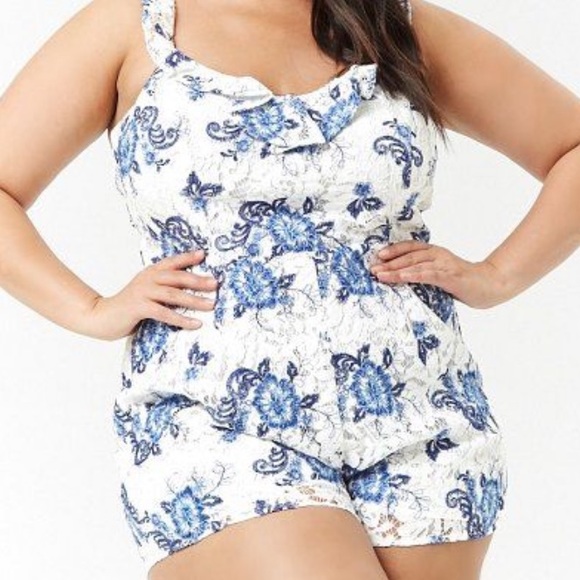 Forever 21 Pants - Forever 21 plus blue and white lace Romper